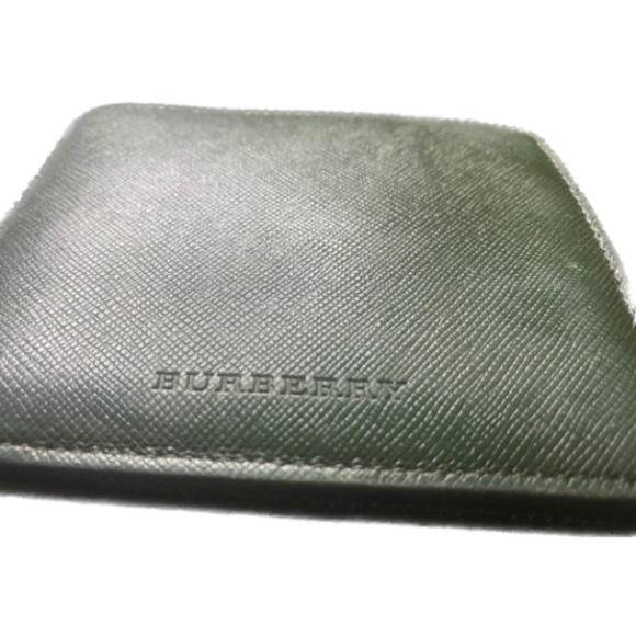 Authentic Unisex Burberry Green Leather Bifold Wallet Plaid Interior - Picture 1 of 6
